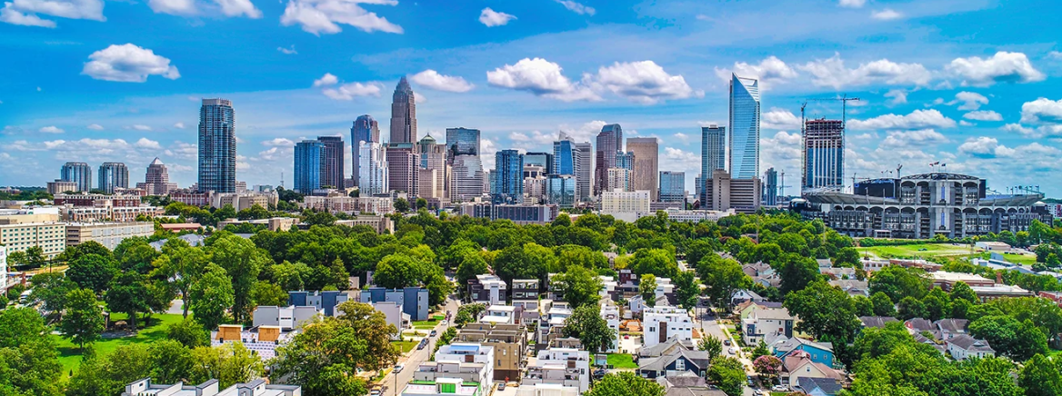 Drone aerial shot of downtown Charlotte, North Carolina in the daytime